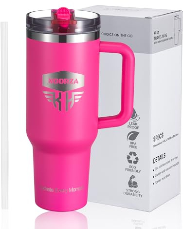 NOORZA Vaso Térmico 40 oz (1,18 L) con Asa – Acero Inoxidable Doble Pared Sin BPA – Reutilizable, Hermético, Gran Capacidad para Café, Té, Bebidas Calientes o Frías – Rosa Fucsia