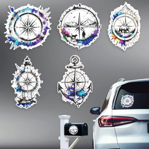 Hobbspring 5 Stück Kompass Auto Aufkleber Nicht Alle Die Wandern Sind Verloren Vinyl Fahrzeugdekoration Bunte Kompass Plastik Aufkleber Für Autofenster Und Karosserie 15,5cm x14,8cm