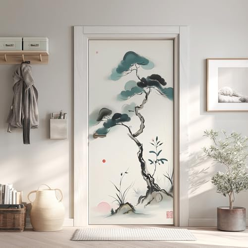 Orientalische Türtapete Türposter Türfolie Selbstklebend PVC, Baum Türaufkleber Abnehmbar Wasserdicht 90x200 cm, Asiatische Fototapete für Tür Wohnzimmer Kinderzimmer