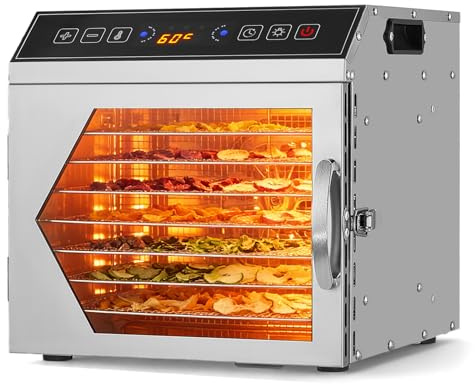 Food Dehydrator,400W 8-Tray Stainless Steel Food Dryer with 8 Silicone Mats,Adjustable Timer & Temperature 30-90°C,for Fruit Meat Biltong Jerky Vegetables Herbs Pet Treats,BPA-Free