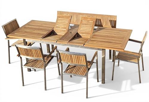 ALEOS. Gartengarnitur Edelstahl Teak Set mit Ausziehtisch 160/220 x 90 cm + Gartenbank 140cm + 4X Teak Sessel A-Grade Teak Holz Serie Kuba Gastroqualität