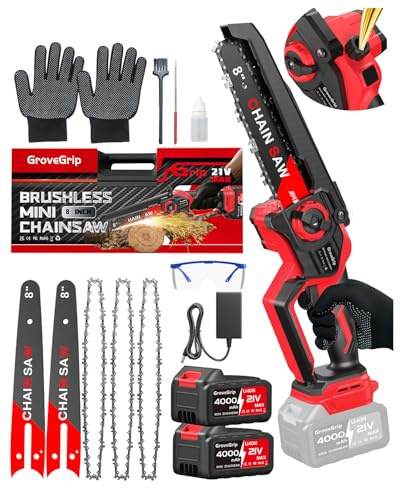 GroveGrip Mini Chainsaw Cordless 8-Inch, 1400W Brushless Motor & Auto Oiler, 2x 4000mAh Battery Powered Chain Saw (Makita Compatible), Lightweight One-Handed Tree Pruner for Gardening, Seniors & Women