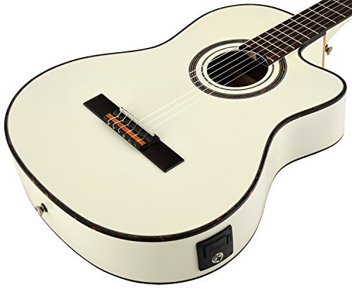 Ortega Guitars Konzert Gitarre Elektro-Akustisch – 4/4, Slim Neck, Thinline Body – Family Series Pro – Inklusive Gig Bag – Massive Engelmann Fichte, Mahagoni, Weiß (RCE145WH)