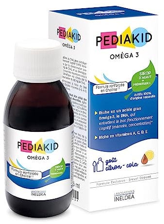 PEDIAKID - Oméga 3 - Complément Alimentaire Naturel - Formule Exclusive au Sirop d'Agave - Riche en DHA - Favorise le Bon Fonctionnement du Cerveau - Goût Citron-Cola - Flacon de 125 ml