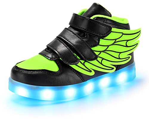 PADGENE Kinderschuhe für Jungen und Mädchen, LED-Beleuchtung, 7 Farben, Blinklicht, USB, wiederaufladbar, Sicherheit, modisch, oben, grün, 29 EU