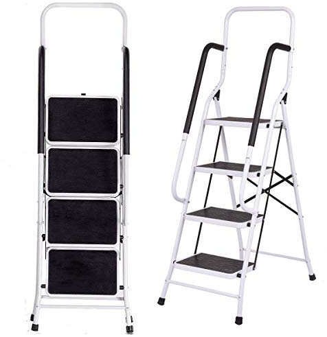 Escabeau Marchepied Acier 4 Marches, Escabeau Professionnel avec 2 Rampes de Sécurité & Garde-Corps Charge max. 150Kg
