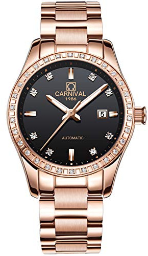 Women's Diamond Automatic Mechanical Rose Gold Stainless Steel Sapphire Waterproof Lady's Elegant Blue Watch