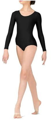 BODYWEAR LTD - Girls Long Sleeve Leotard - Shiny Nylon – Comfortable Fit – Performance Wear - Dance Class Essential - Ballet Gymnastics, Dance, School, Sportswear (Black, 13-14 Years)