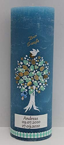 Taufkerzen XXL Rustic Vintage Blau 30 x 10 cm mit Teelichteinsatz für Jungen Taufbaum mit Namensverzierung (Vornamen + Taufdatum) und Geschenkkarton