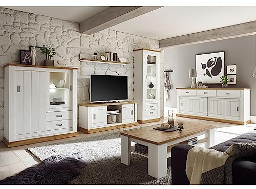 Lomadox Wohnwand inkl. Sideboard, Couchtisch im Landhausstil, Pinie weiß, Wotan Eiche, B/H/T ca. 377/204/40-46 cm