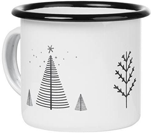 MUGSY Emaille Tasse, Tannenbaum-Motiv, 300ml, schwarz/weiß, bruchfest & leicht