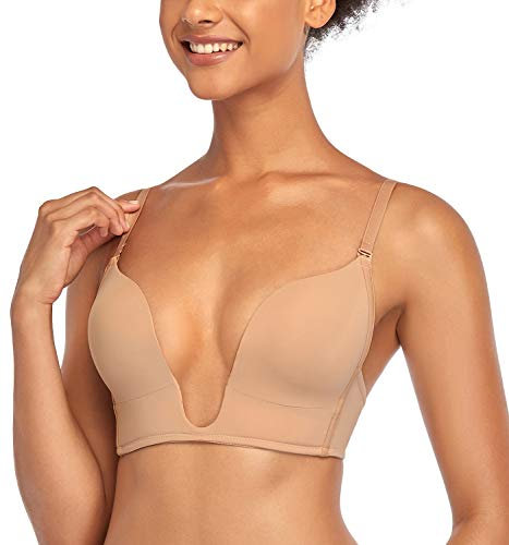 DotVol Women's Deep Plunge Convertible Push up Low Cut Seamless U Bra(36C, Beige)