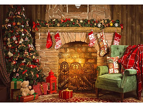 Aoihrraan 2,2x1,5m Noël Cheminée Toile De Fond Noël Arbre Chaussette Cadeau Brique Chaud Cheminée Canapé en Bois Mur Tapis Rouge Photographie Fond Nouvel an Fête Décoration Enfants Adultes Photo