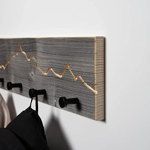 WOODS Garderobe aus Altholz mit Berg Motiv | handgefertigt in Bayern | Garderobenleiste Holz | Hakenleiste Wandgarderobe Flur | Handtuchhalter Bad (70cm (6 Haken), schwarze Haken)