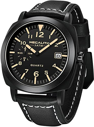MEGALITH Herrenuhr Militär Uhr Sport Outdoor Wasserdicht Armbanduhr Herren Lederarmband Großes Zifferblatt Quarz Uhr mit Leuchtende Kalender Datum Mode Uhren für Männer Schwarz