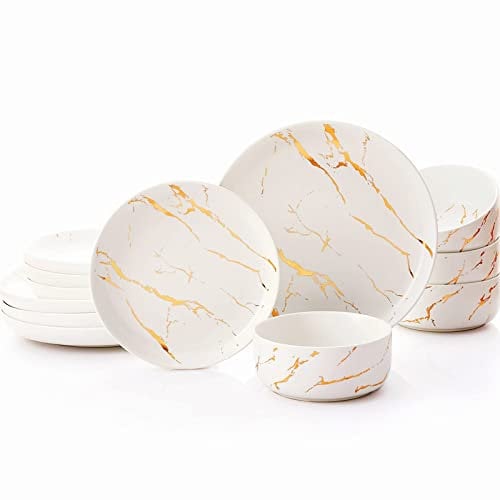 Pokini White Gold Splash Geschirr-Set, 12-teilig, Teller und Schüsseln, feines Porzellan, modernes Porzellan-Geschirr-Set für 4 Personen, luxuriöses Tafelservice für formelle Abendessen und Hochzeiten
