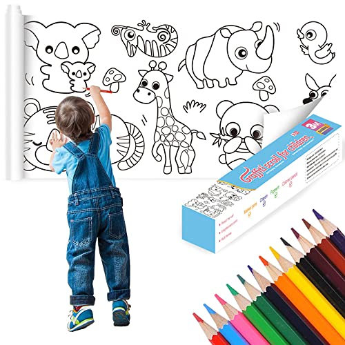 Kaizuca 30CM * 3M Kinder Malrolle Ausmalen, Zeichenpapier Rolle, Selbstklebend, Schneidbare, mit 12 Farbstiften, für Jungen, Mädchen, Schule, Geburtstagsgeschenke (Tierdrucke)