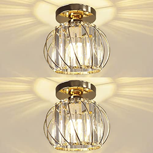 Hudi Fyier Chandelier Crystals Ceiling Lighting Fixtures, 2 Pack Gold Modern Mini Ceiling Light, Small Semi Flush Mount Ceiling Lamp for Hallway Kitchen Dining Rooms Living Rooms Bar