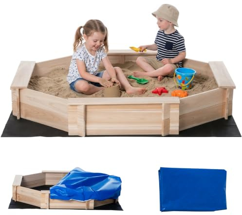Outsunny Arenero de Madera para Niños Arenero Infantil Octágono con Cubierta de Poliéster y Tela no Tejida Juego para Niños de 3-8 Años para Patio Jardín 139,5x139,5x21,5 cm Natural y Azul