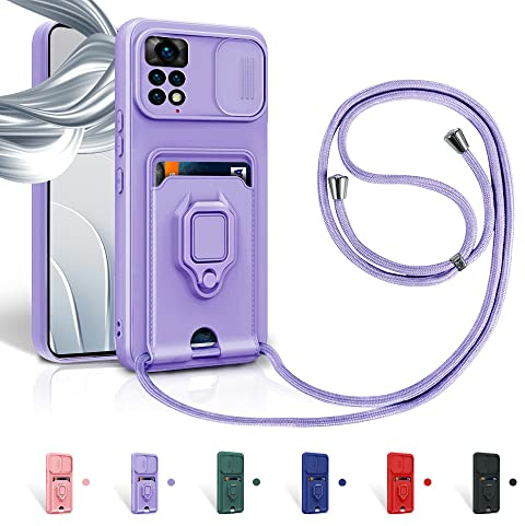 Aithne Cordon de Coque pour Xiaomi Redmi Note 11/Note 11S,Couvercle Coulissant de la Caméra+Support Annulaire à 360 Degrés,Fentes pour Cartes Lanyard Silicone Case -Pourpre