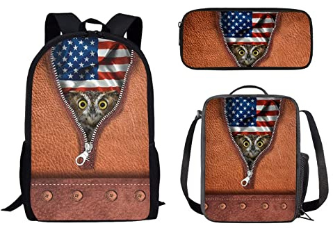 Howilath Zaino da scuola leggero da 17 pollici Set divertente di design animale con custodia termica per il pranzo, Gufo della bandiera americana