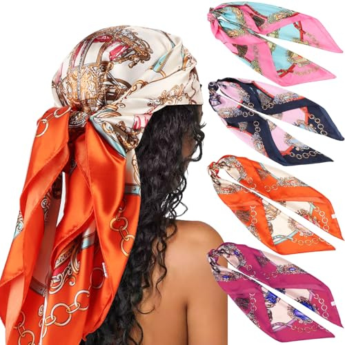 DRESHOW 90x90cm Große Quadratische Schals für Damen 4 Stück Seide Kopftuch Bandanas Haartuch Halstuch Haarschmuck