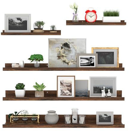 Giftgarden 90cm Lang Wandregal Holz, Braun Kleine Schweberegal Bilderleiste für Wohnzimmer, Küche, Kinderzimmer, Schlafzimmer oder Büro - 5 Stück mit Verschiedenen Größen