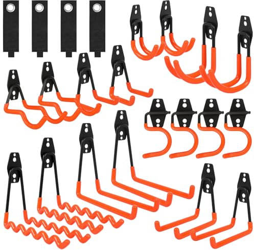 AojSup 22 piezas de pared para garaje y almacenamiento de mangueras, ganchos de garaje de alta resistencia, ganchos de garaje para herramientas eléctricas, herramientas, escaleras, mangueras (naranja)