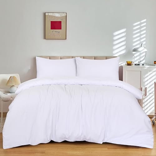 SSW HOMES Double Size Duvet Cover Set (White) - 3 Pcs Brushed Microfiber Plain Dyed Quilt Cover - Bedding Set with Button Closure Include 1 Duvet Cover & 2 Pillowcases
