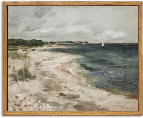 KBKBART Vintage-Wandkunst, Retro, Küste, Strand, Haus, gerahmt, Leinwand, Kunstdrucke, Gemälde, Bauernhaus-Dekor, rustikaler Impressionismus, malerische Landschaft, Wanddekoration für Badezimmer,