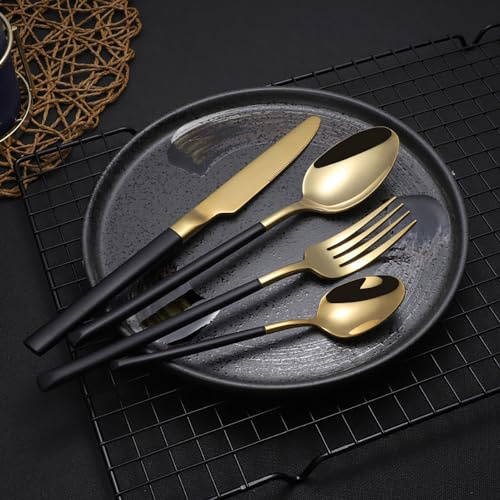 ESSONIO 48-teiliges Besteck Set für 12 Personen, Schwarz & Gold Design - Besteckt aus Hochwertigem 18/8 Edelstahl, Hochglanzpoliert & Langlebig - Luxuriöses Besteckset für Feste und Feiern