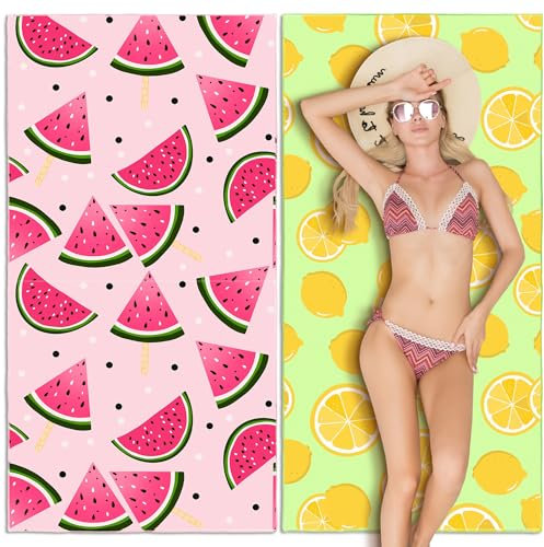 Lubibi 2 Toalla de Playa de Microfibra,Toalla de Baño Grande,160x80cm,Secado rápido,sin Arena, Ligera y Portátil,para Piscina, Camping,Yoga,Gimnasio y Deportes,Viaje,Adultas y niños(Sandía con limón)