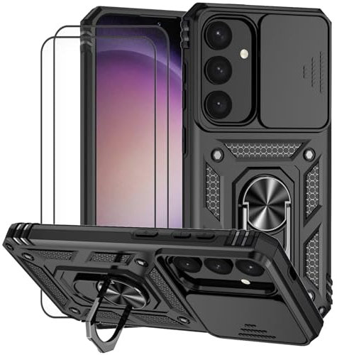 Dechyi Funda para Samsung Galaxy S24 Plus & Samsung Galaxy S25 Plus Carcasa Cubierta de Cámara Deslizante Vidrio Templado con Soporte de Anillo Cubierta-Negro