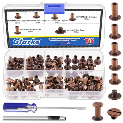 Glarks Set di 150 viti Chicago in bronzo rosso, M5 x 5 mm, 6 mm, 8 mm, 10 mm, 12 mm e vite a testa piatta da 4 x 4 mm, rivetti per chiodi, accessori in metallo