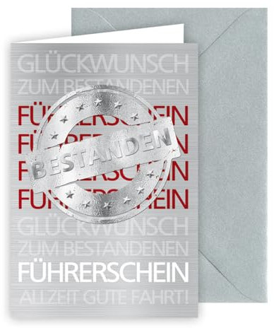 KE - Stilvolle Glückwunschkarte zum bestandenen Führerschein, inkl. Umschlag, DIN B6 Format, Gratulationskarte für neue Fahrer, silber, Motiv: Großes Siegel