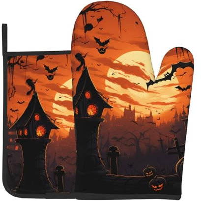 Ufuson Set di 2 guanti da forno e presine arancioni stampati per feste di Halloween, guanti impermeabili e resistenti al calore con anello per appendere