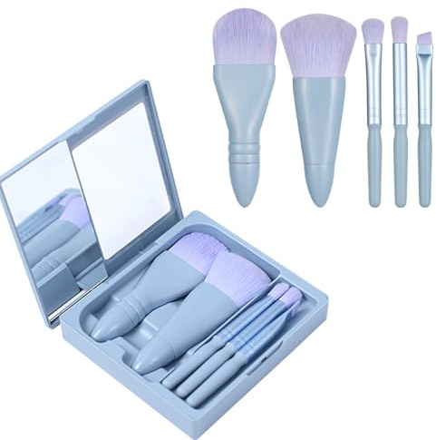 Travel Size Makeup Brushes Set Mini Makeup Brush Set with Case and Mirror, Small Complete Function Cosmetic Brushes Kit Perfect for On The Go(5PC, Blue)