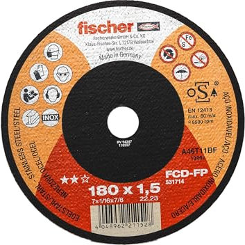 Fischer FCD-FP 180 x 1,5 inox Disque de coupe pour métal et acier inoxydable haute performance, type 41 assiette, pour meuleuse d'angle, 1 pièce