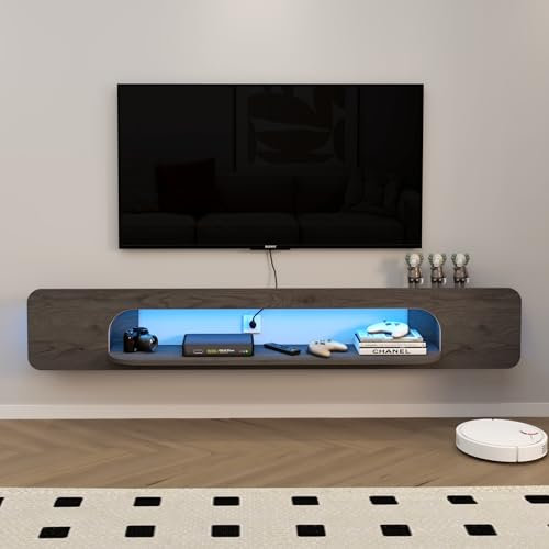 Pmnianhua LED Meuble TV Suspendu, Etagere TV Murale, Meuble TV Suspendu Bois Etagere avec 1 Etagere Ouvertes, Murale Flottante TV Meuble Etagere TV Support, Meuble TV Flottant (180cm, Gris Foncé)