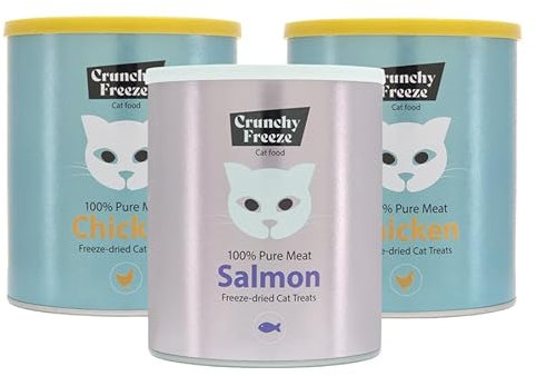 Crunchy Freeze Snack für Katzen - gefriergetrocknetes Katzenfutter ohne Zucker - Katzensnack für Zahnpflege und Gesundheit (2x Huhn + 1x Lachs, 3 x 140 g)