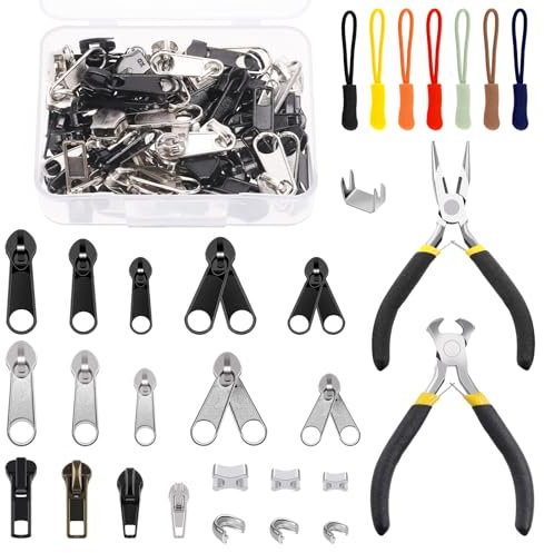 Glarks 144pcs #3#5#8 Kit di Riparazione Cerniera Include 62pcs Sostituzione 70pcs Stops 10pcs Pulls con 2pcs Pinze di Installazione per sacchi a pelo, giacche, tende