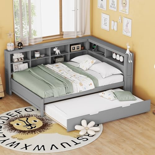 YESGIGA Schlafsofa 140x200, ausziehbares Bett 90x190 mit USB-Steckdose und Mehreren Ablagefächern, Massivholzbett (Grau)