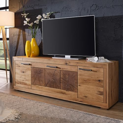 Lomadox Wohnzimmer Fernsehschrank Lowboard 178cm, Wildeiche massiv geölt, montiert