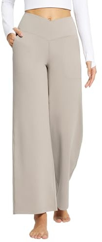 baleaf Weite Hose Damen Yogahose mit Taschen Stoffhose Hohe Taille Jogginghose Straighthose Bauchkontrolle Schlaghose Sporthose Khaki XL