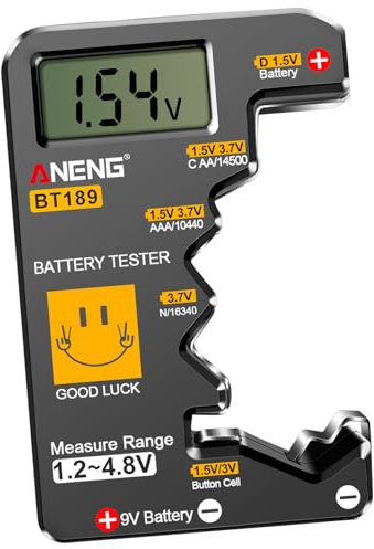 ANENG Batterietester BT189 für AAA, AA, C, D, 9 V, F, 6F22 und Knopfzellen | Universal-Batterieprüfer für 1,5-V-/3-V-Knopfzellen und 9-V-Block; LCD-Anzeige ermittelt den Batteriestand per Spannung