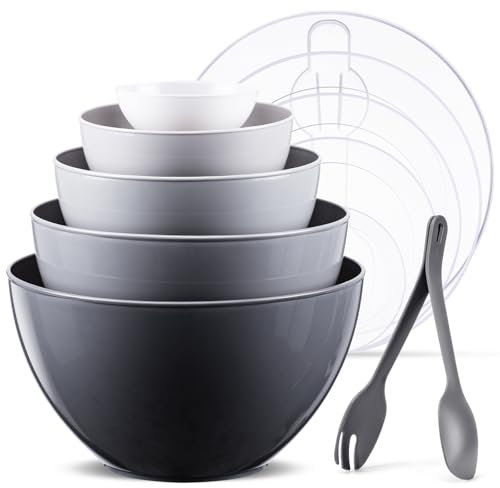 Luxear Juego de 5 Cuencos Cocina, Apilables de Ensaladera con Tapa Tenedor y Cuchara, 5 Tamaños - 0,2L/ 1L/ 1,2 L/ 3,2 L/ 4,6 L para Microondas, Lavavajillas y Congelador, Gris