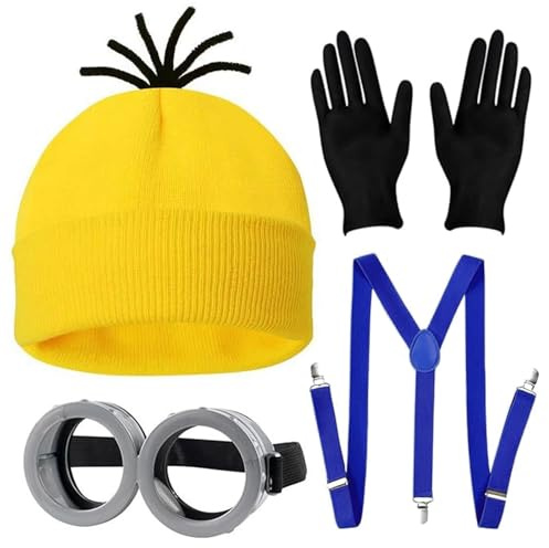 MeYuxg 4 Stück Minion Kostüm Zubehör, Karneval Kostüm für Erwachsene Kinder, Gelbe Hut + Brille + Handschuhe + Hosenträger für Halloween Dress Up