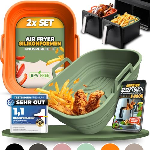 KNUSPERLIEBE® Lot de 2 moules en silicone pliables pour Airfryer, friteuse à air chaud, sans BPA | Accessoires Ninja Foodi Max Dual Zone AF400EU AF451 AF400EUCP SL400EU AF300EU | Insert en silicone