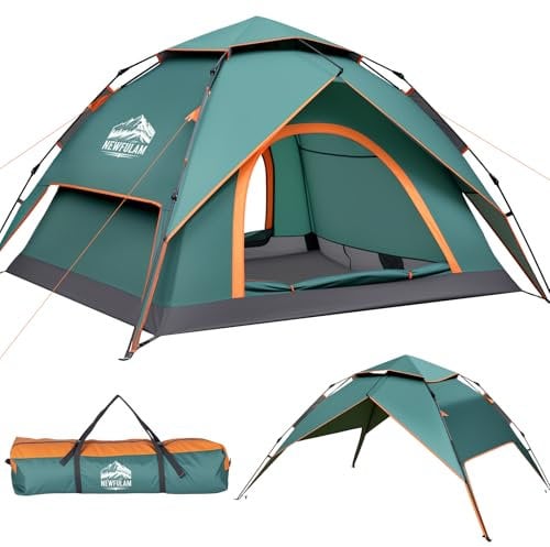 Newfulam Camping Zelt 2-3 Personen, 3S Auto Pop Up Zelt Wasserdicht Kuppelzelte Wurfzelt Schnellaufbau mit 2 Mesh Türen, UV, Winddicht für Camping Outdoor Trekking, Grün