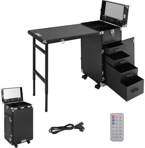 Nageltisch Maniküretisch, Faltbar Mobile Rolling Maniküre Tisch mit Fernbedienung und Make-up-Zug Koffer, Nageltisch mit 4 Schubladen für Heimtechniker, Spa, Schönheitssalon, Arbeitsplatz (Schwarz)